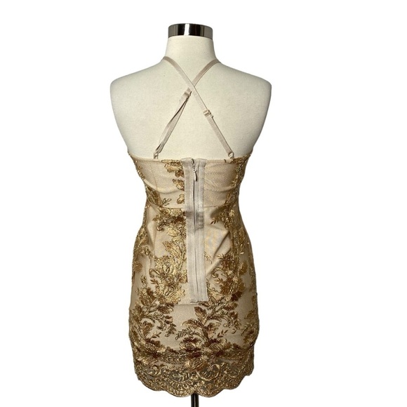Gold Embroidered Halter Mini Dress Scalloped Hem Size XS (Gold-Beige) - Picture 3 of 10